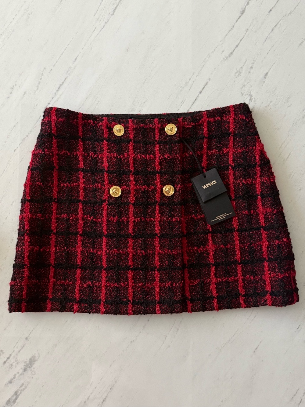 Versace Red and Black Plaid Tweed Mini Skirt with Gold Medusa Buttons